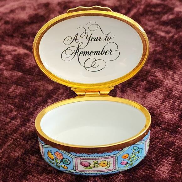 Halcyon Days Enamels 1990 A Year to Remember Enamel Trinket Box Blue Floral - Picture 4 of 9